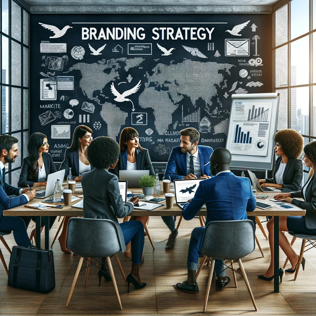 DALL·E 2024 05 09 08.44.59 A professional office scene depicting a team of marketing experts at a migration agency strategizing their branding strategy. The image shows a divers