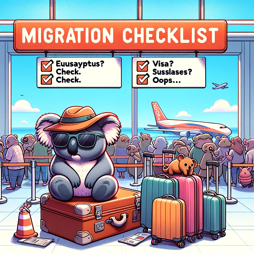 DALL·E 2024 05 10 14.00.36 A humorous meme about migrating to Australia. The image features a cartoon koala sitting on top of a suitcase looking exasperated. Next to the koala