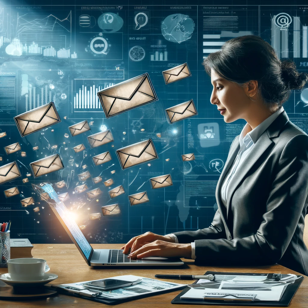 DALL·E 2024 05 10 17.23.28 A conceptual image illustrating email marketing used by a migration agent. The scene features a professional migration agent a middle aged South Asia