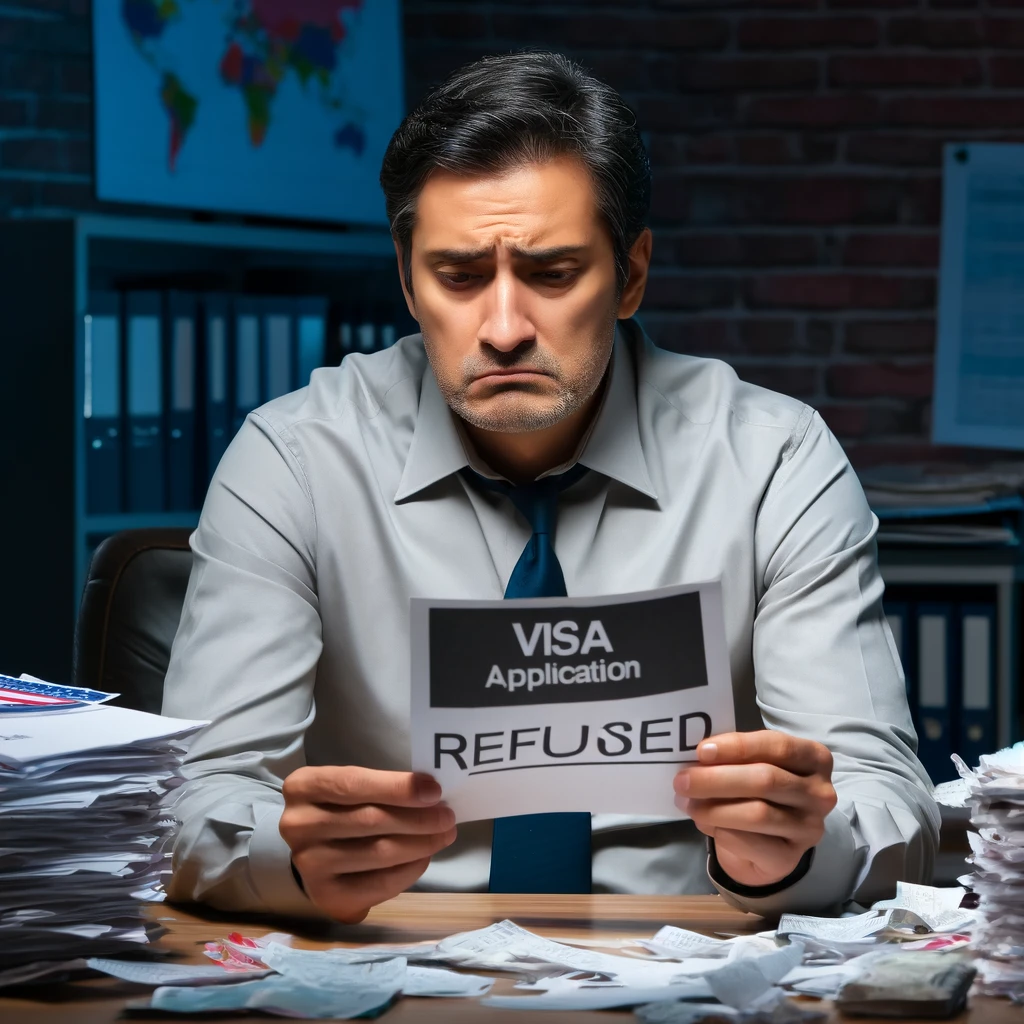DALL·E 2024 05 10 20.32.56 A conceptual image depicting Mr. Diaz a middle aged Latin man looking disappointed due to his visa application refusal. The scene shows Mr. Diaz in