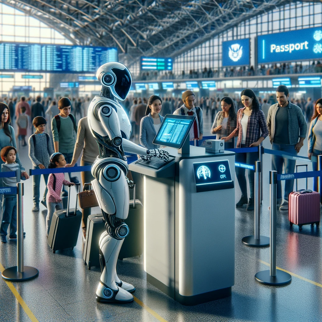 DALL·E 2024 05 10 20.39.35 A futuristic image depicting a robot in an Immigration Officers uniform at an airport processing new migrant arrivals. The robot sleek and modern