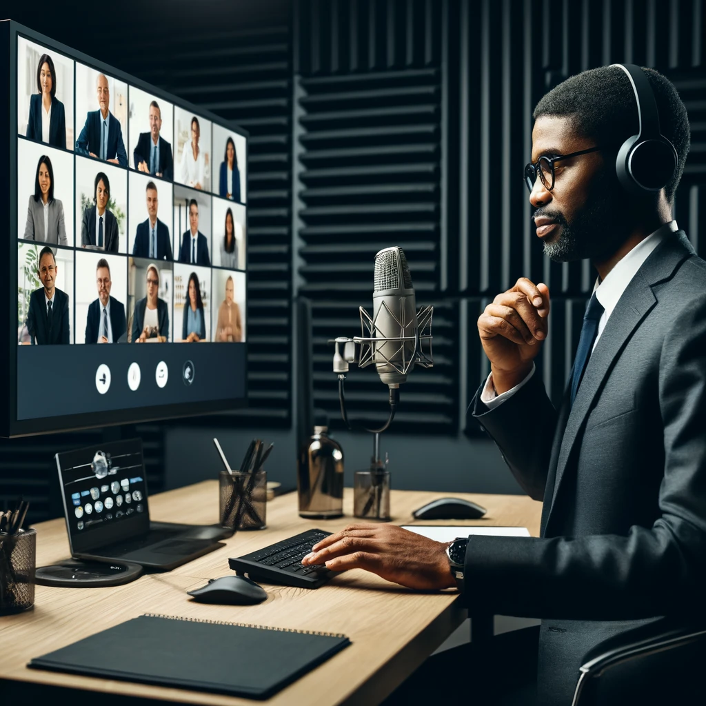 DALL·E 2024 05 12 11.51.47 A professional studio environment with a person conducting a webinar. The individual a Black man in his late 40s is wearing a suit and sitting at a