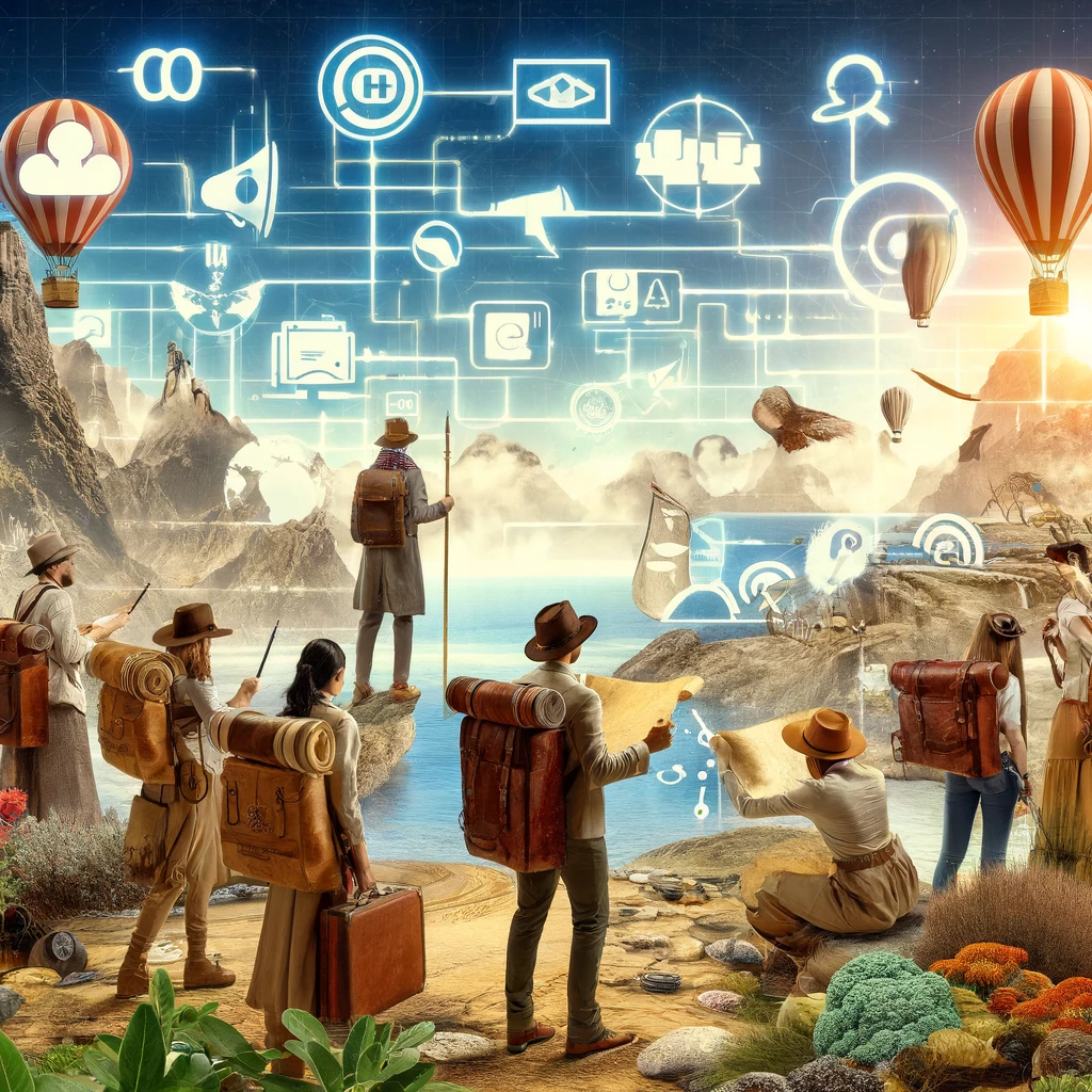 DALL·E 2024 05 12 14.47.22 A creative image illustrating digital marketing strategies for migration agents through a metaphor of exploration and navigation. The scene shows a gr